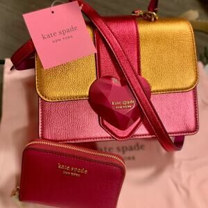Kate Spade Pink Heart Metallic Color block MiniTop-Handle Crossbody Wallet set